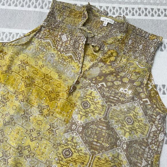 Alex & Lili Sleeveless Blouse Yellow Abstract Popover Lightweight Flowy Top L - Picture 6 of 10